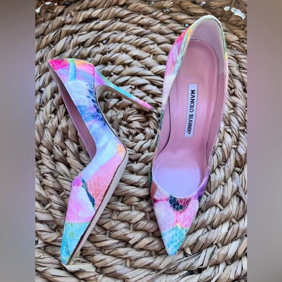 Manolo Blahnik Floral Snake Embossed Heel Pumps 34.5 - Picture 1 of 6